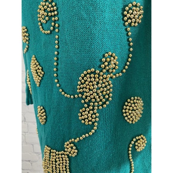 Colleen’s Collectables Teal Knot Sweater Gold Beads 3/4 Sleeve Size S Small - Picture 4 of 6